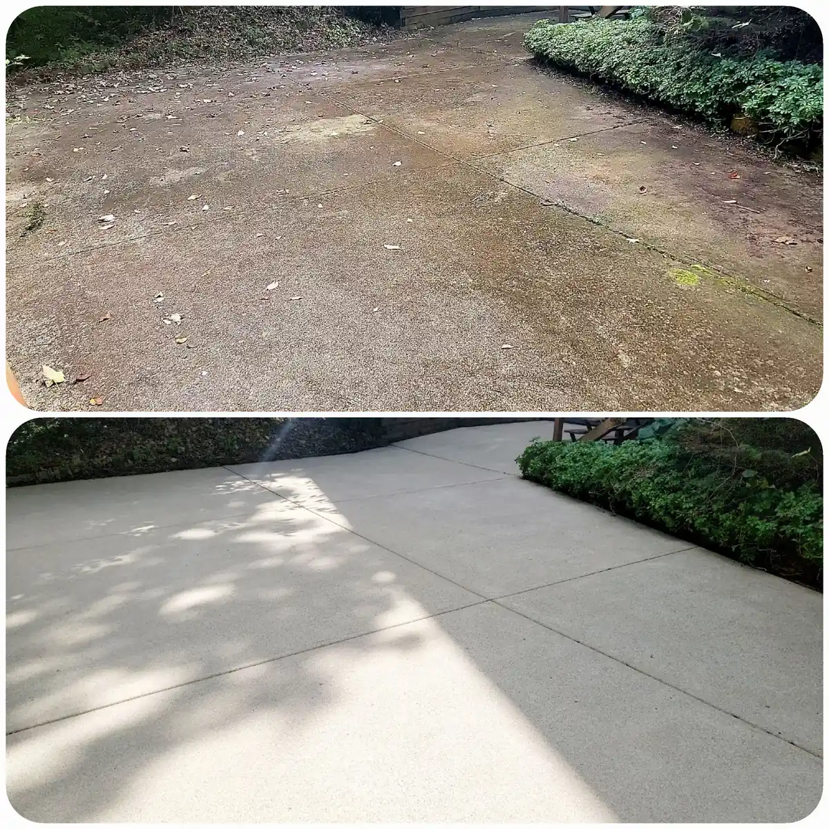Concrete driveway before and after pressure washing — stained mossy surface on top, bright clean concrete on bottom