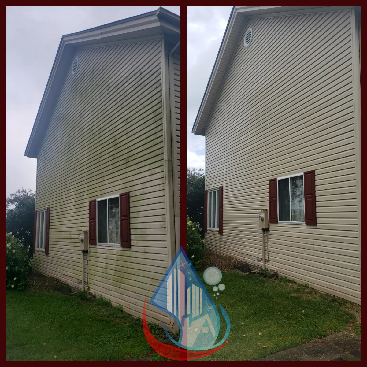 House wash before and after — vinyl siding covered in algae on the left, clean bright siding on the right