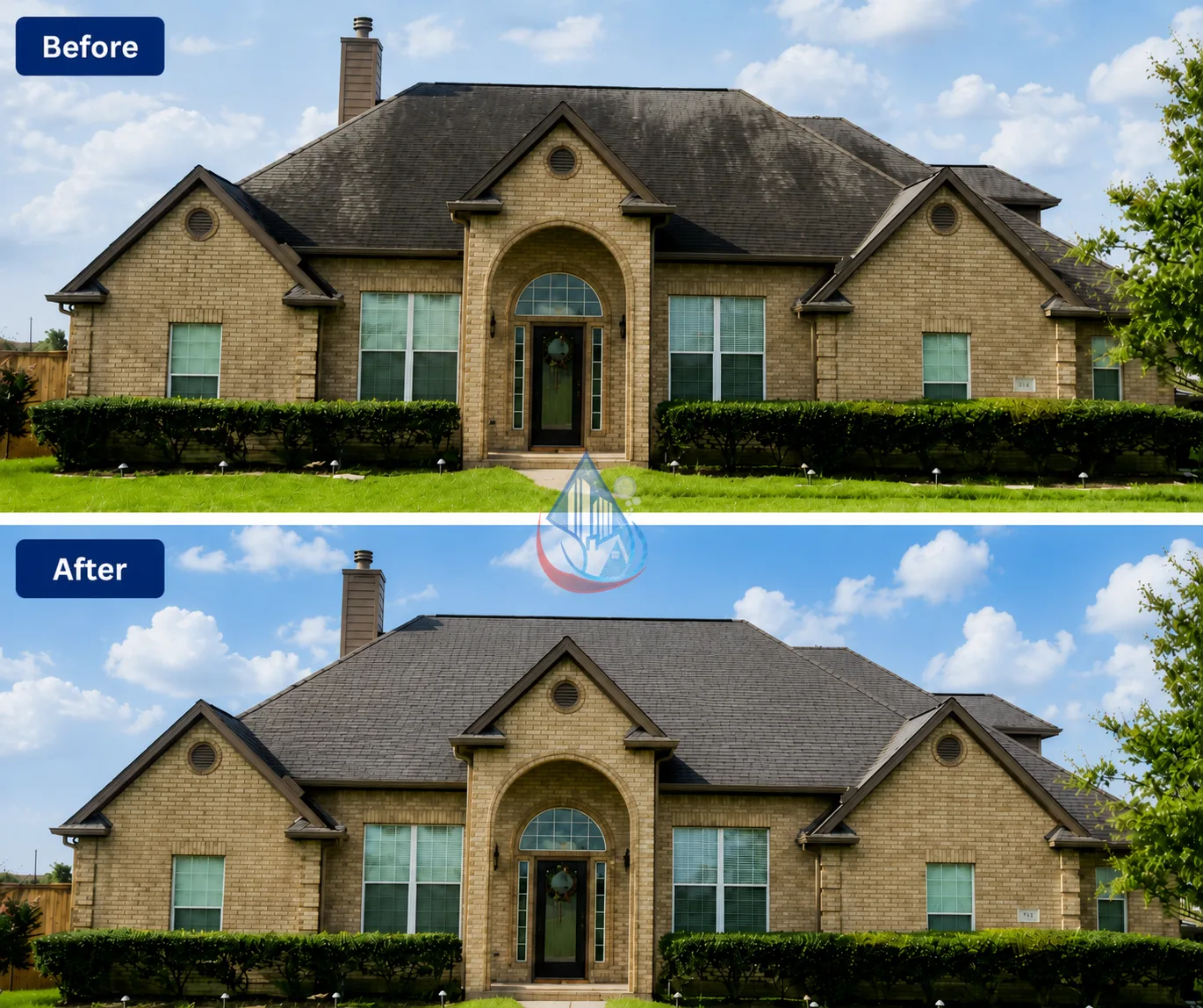 Roof soft wash before and after — dark algae-covered shingles on top, clean restored shingles on bottom